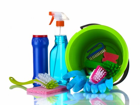 Routine cleaning tools arranged for home maintenance