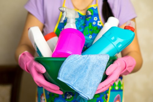 Room-by-room house cleaning setup in a modern home