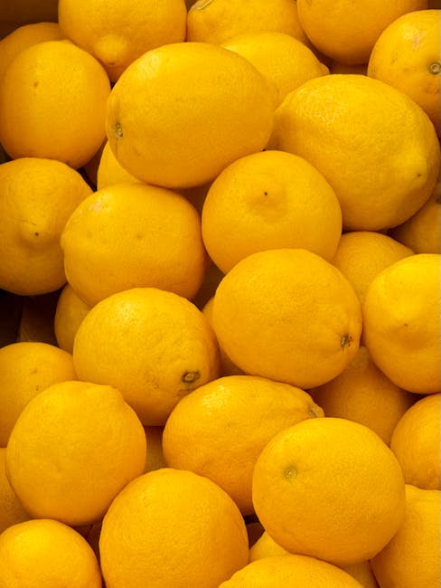 A close-up view of numerous bright yellow lemons piled together on a surface, showcasing their smooth, slightly textured skin. The lemons vary slightly in size and shape, with some having small blemishes or natural imperfections. The vibrant color and fresh appearance suggest high-quality produce, often used for culinary purposes or fresh juice. The background is filled with more lemons, creating a dense, colorful scene without visible surfaces or additional objects. This image provides a clear focus on the lemons' natural texture and vivid hue, suitable for illustrating topics related to fresh fruit, food preparation, or produce quality. Cleaners Maida Vale may utilize such visuals to emphasize freshness and cleanliness in food-related environments.